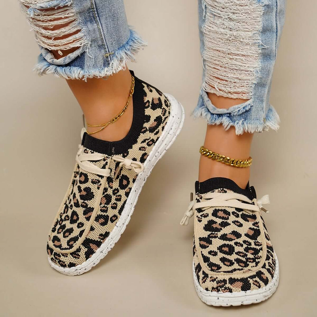 Leopard Mesh Knit Sneakers Slip on Walking Shoes