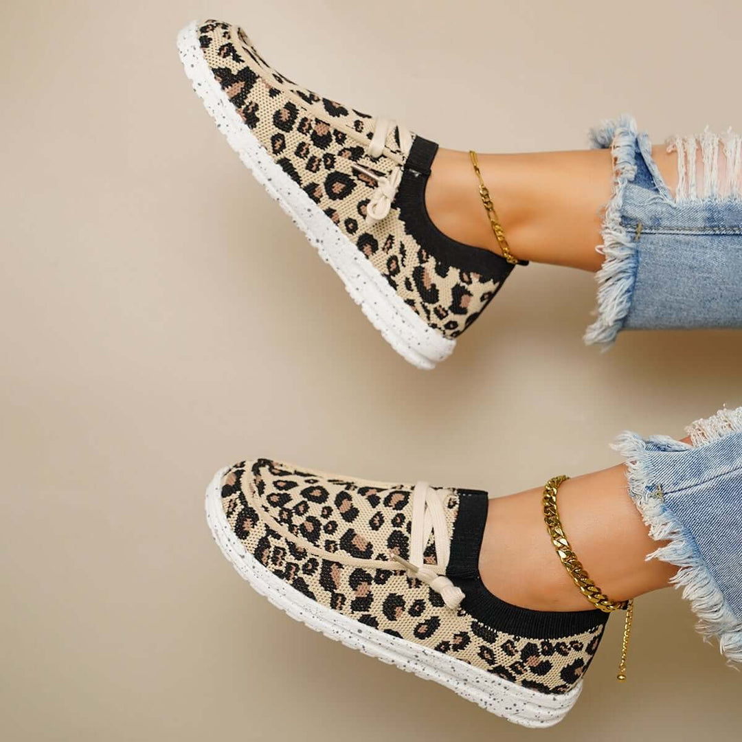 Leopard Mesh Knit Sneakers Slip on Walking Shoes