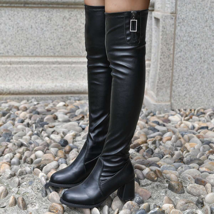 Black Stretch Over the Knee Boots Block Heel Thing High Boots