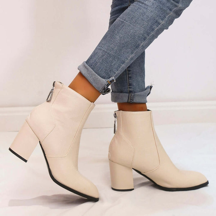 White Chunky Block Heel Ankle Boots Back Zipper Booties