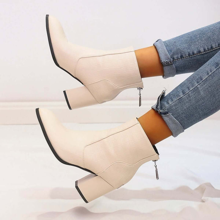 White Chunky Block Heel Ankle Boots Back Zipper Booties