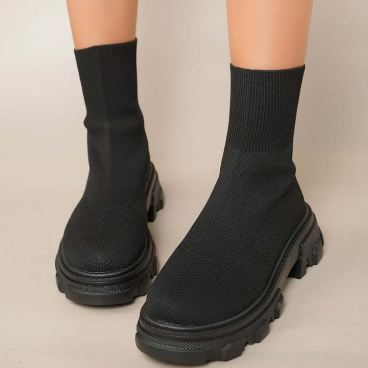 Black Knit Lug Sole Sock Booties Pull-on Platform Ankle Boots