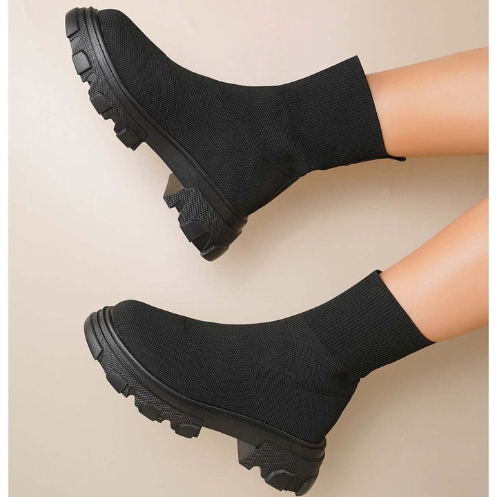 Black Knit Lug Sole Sock Booties Pull-on Platform Ankle Boots
