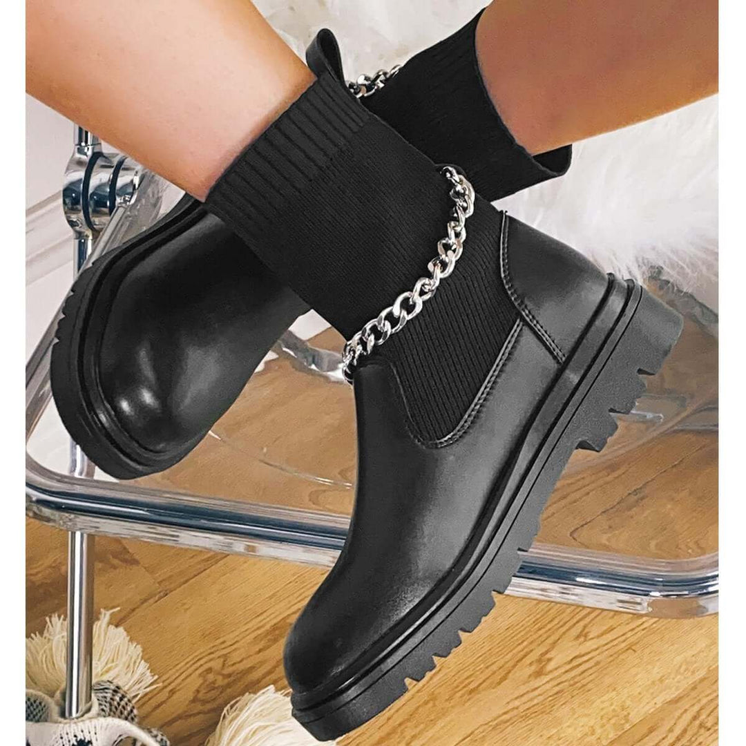 Black Stretch Low Heel Sock Booties Pull on Ankle Boots