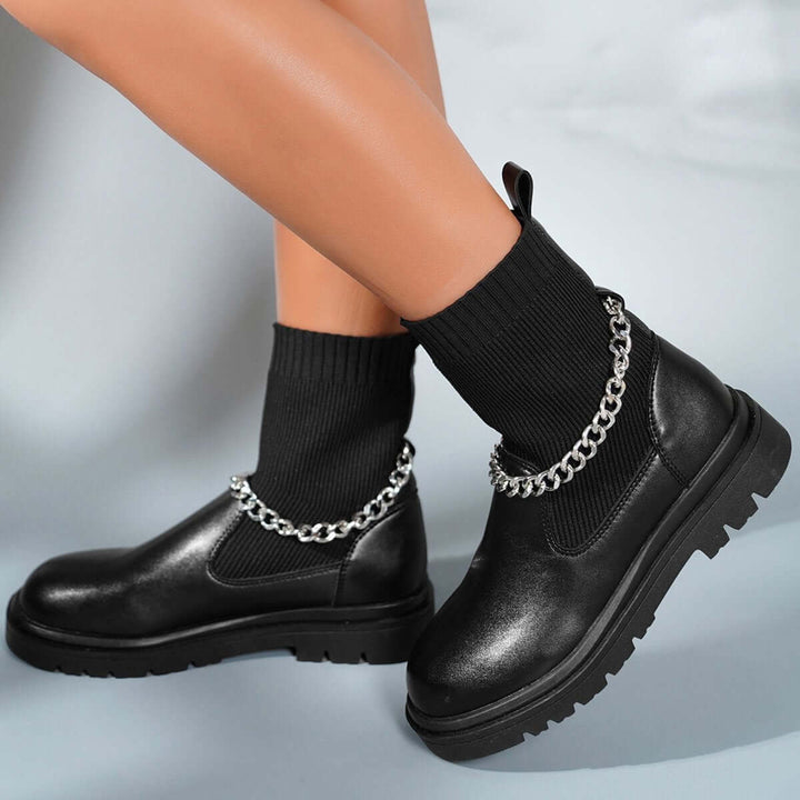 Black Stretch Low Heel Sock Booties Pull on Ankle Boots