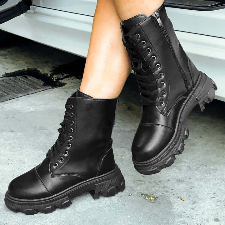 Black Lace Up Platform Combat Boot Lug Sole Ankle Booties
