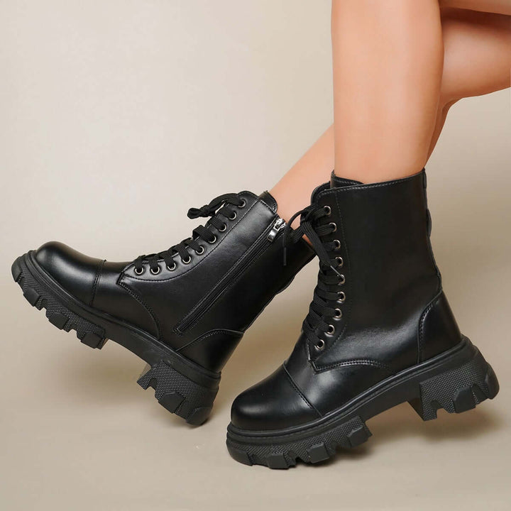 Black Lace Up Platform Combat Boot Lug Sole Ankle Booties