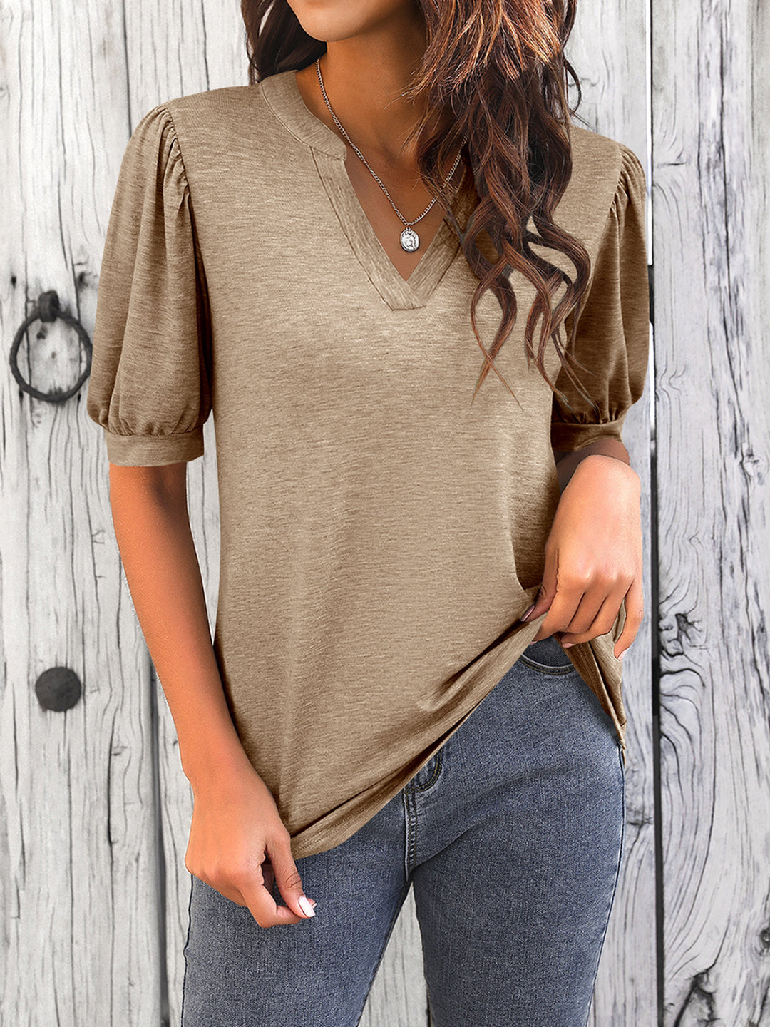 Womens V Neck T Shirts Casual Puff Short Sleeve Loose Summer Blouses Tops