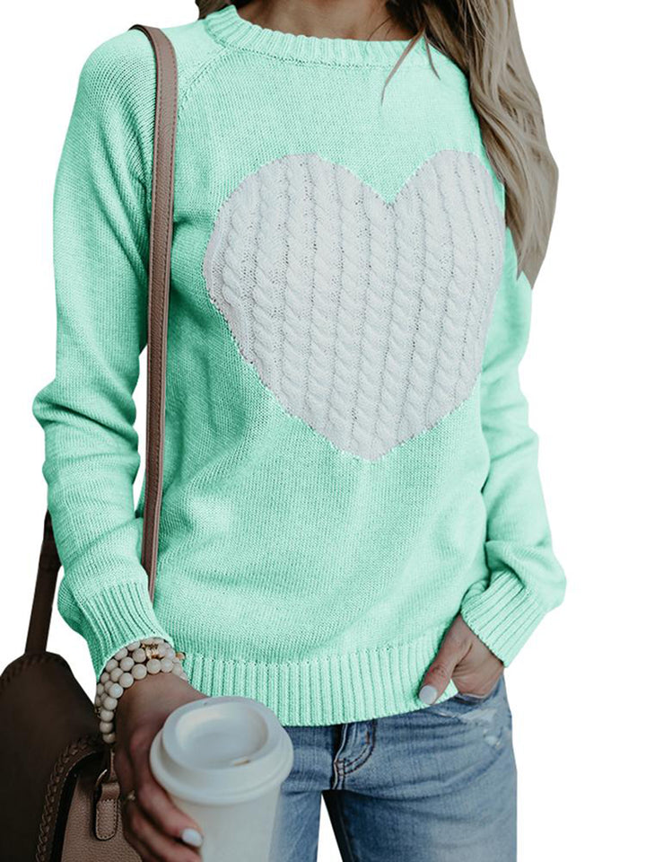Women's Heart Sweater Knit Cable Heart Patch Pullover Sweaters Jumper Tops