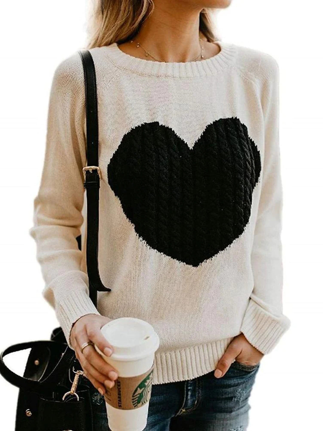Women's Heart Sweater Knit Cable Heart Patch Pullover Sweaters Jumper Tops