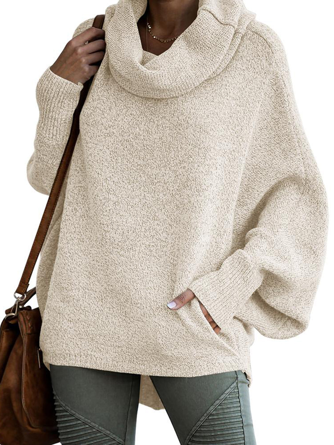 Womens Winter Cowl Neck Pullover Sweaters with Pockets Lantern Long Sleeve Loose Tops