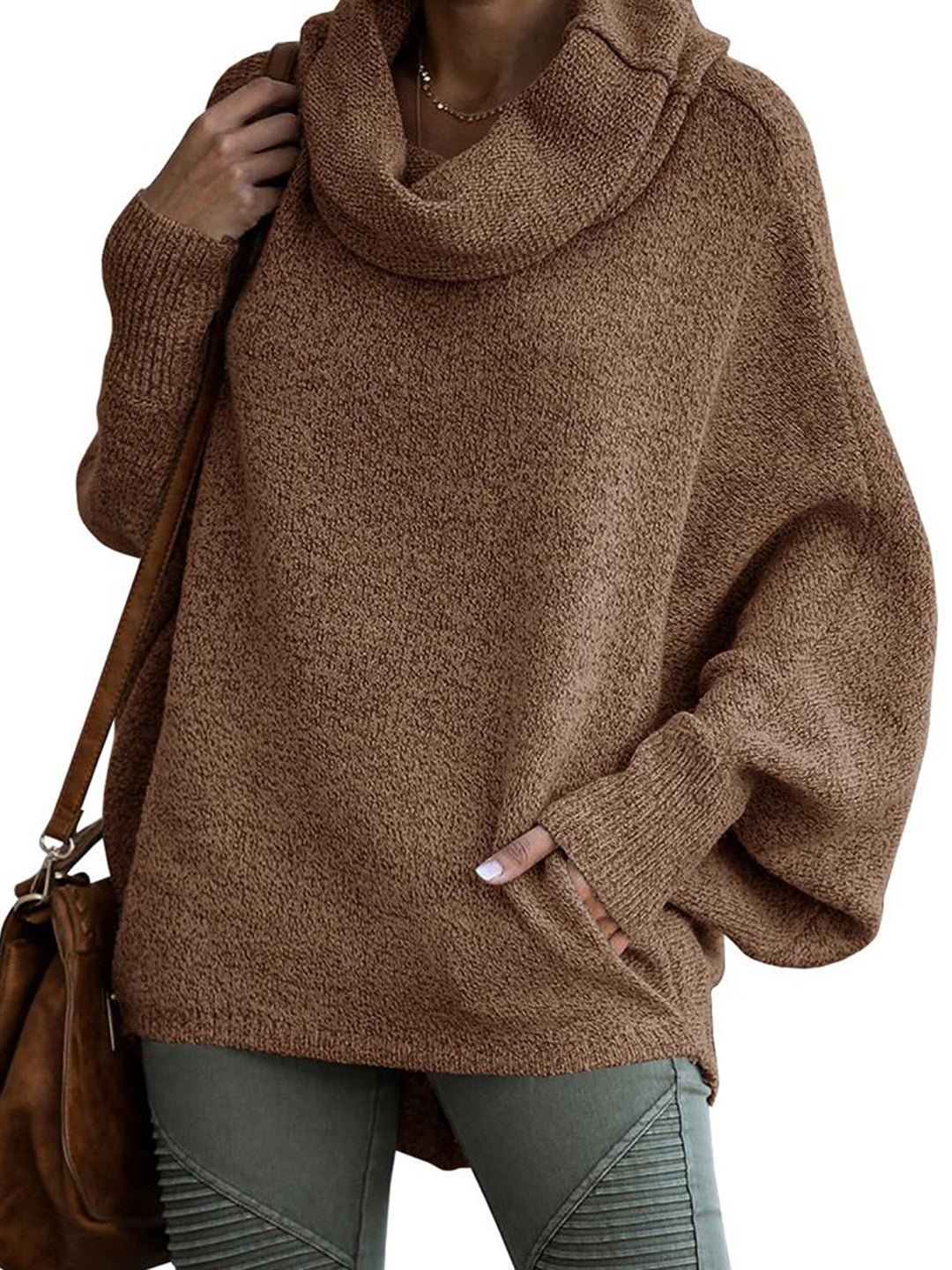Womens Winter Cowl Neck Pullover Sweaters with Pockets Lantern Long Sleeve Loose Tops
