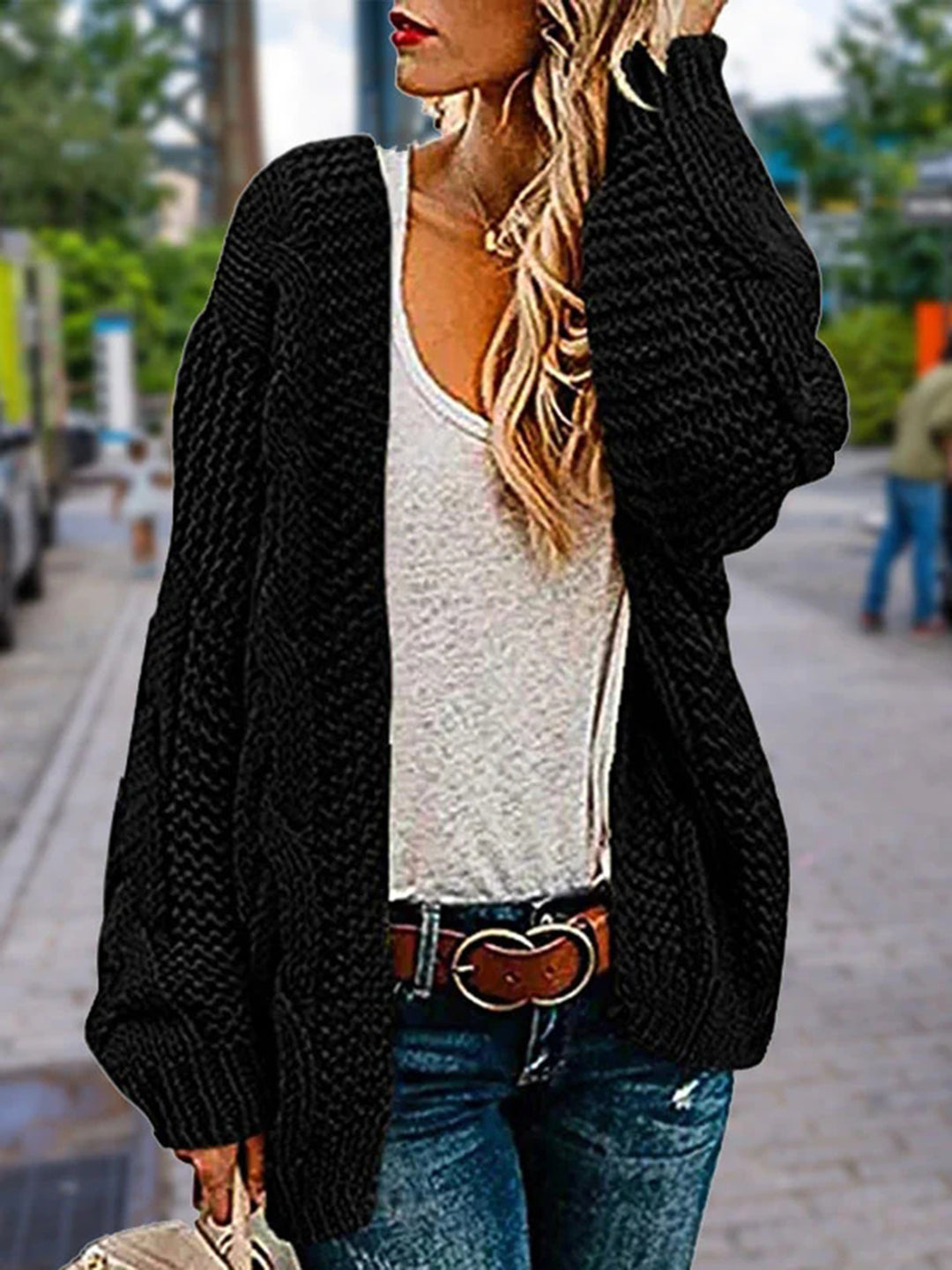 Women Vintage Oversized Cardigans Long Sleeve Chunky Cable Knit Open Front Cardigan Coats