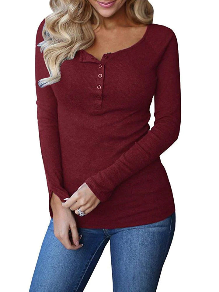 Women's Solid Ribbed Button Down Long Sleeve Henley Shirts
