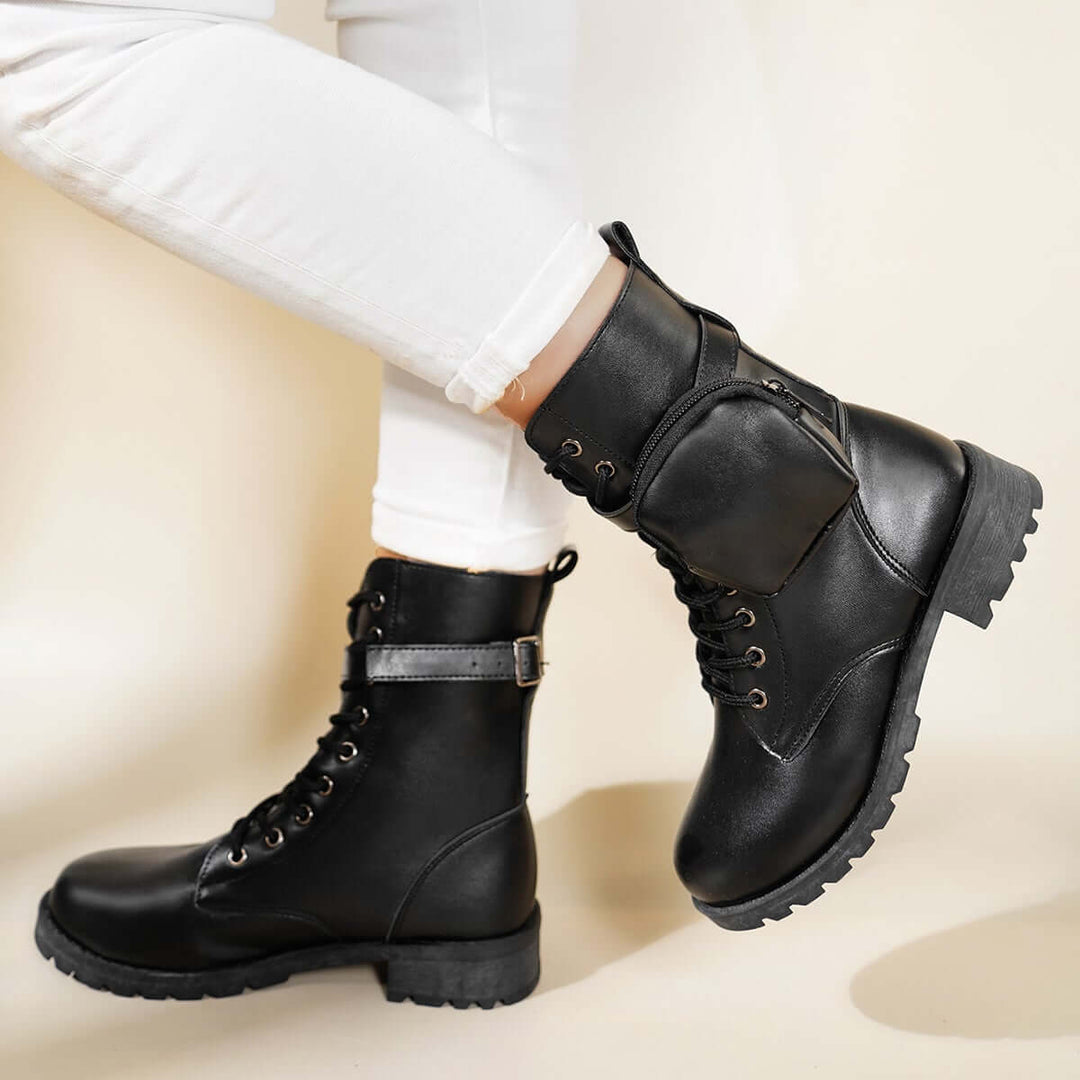 Black Chunky Heel Combat Boot Pocket Strap Ankle Booties