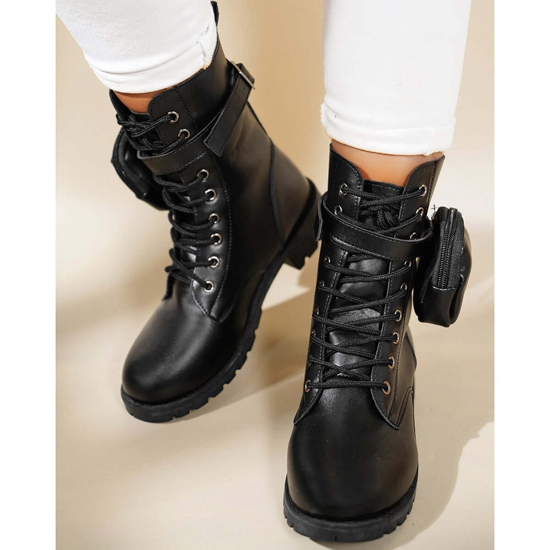 Black Chunky Heel Combat Boot Pocket Strap Ankle Booties