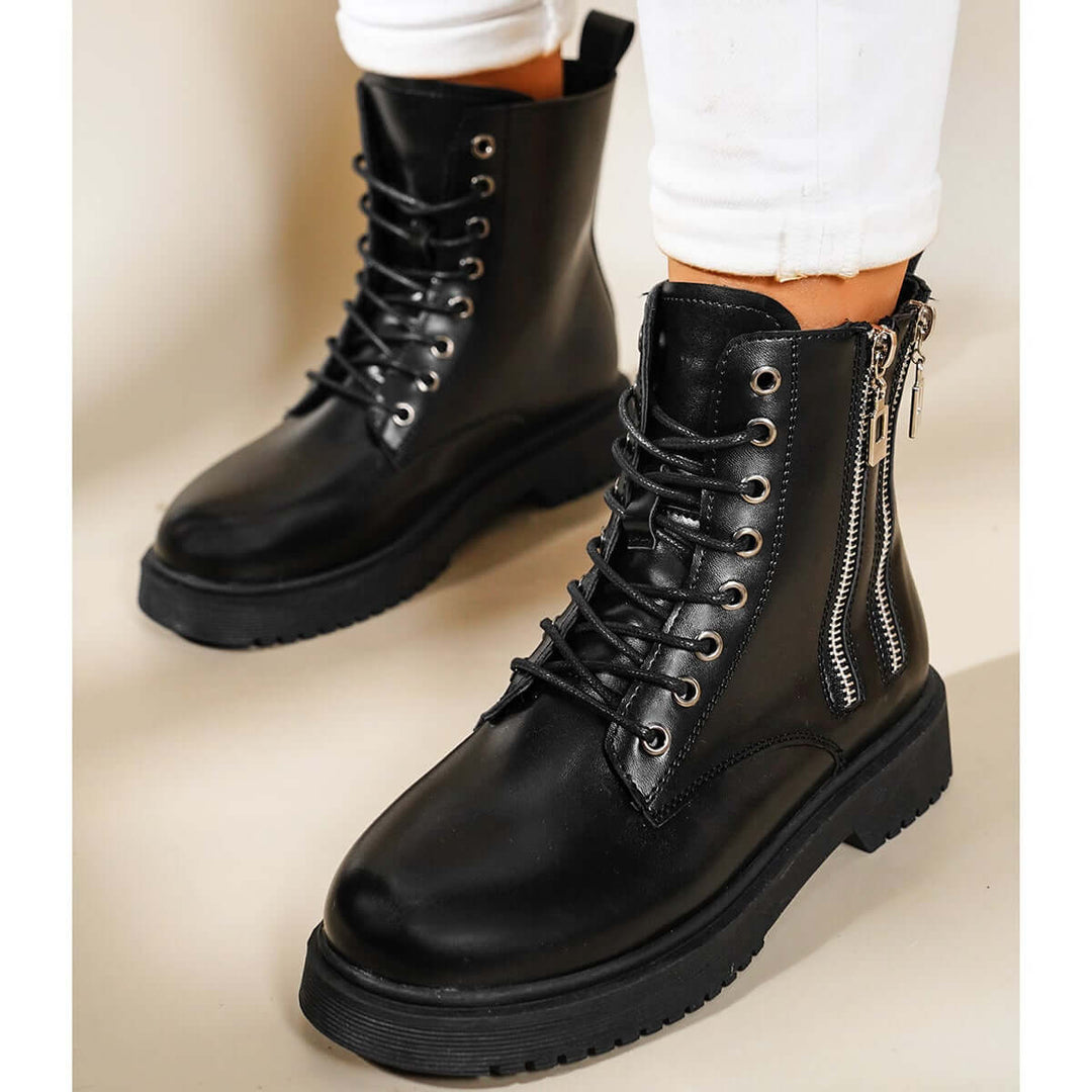 Black Block Low Heel Ankle Combat Boots Military Booties