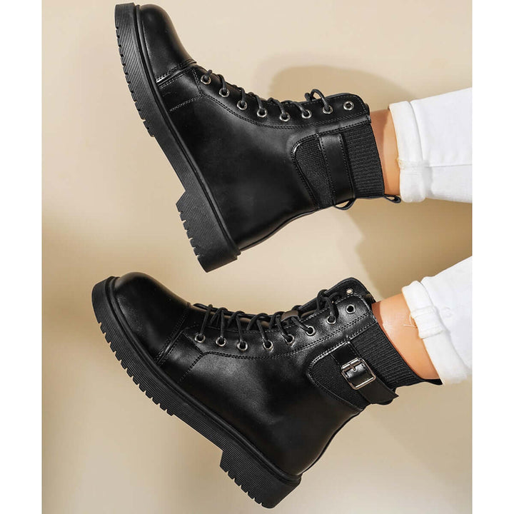 Black Blow Low Heel Military Booties Lace Up Combat Ankle Boots