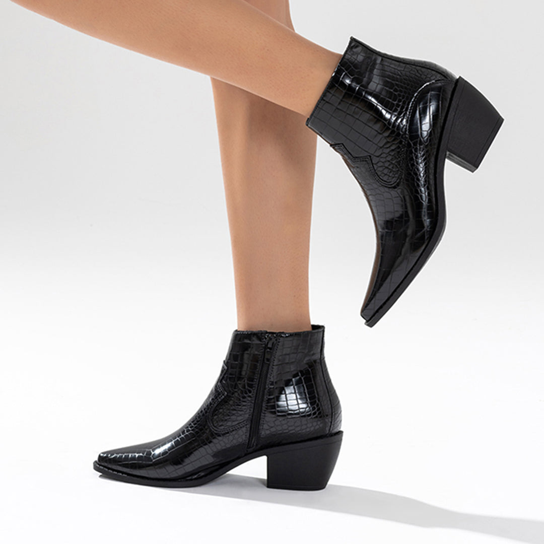 Black Western Ankle Boots Side Zipper Chunky Block Heel Booties