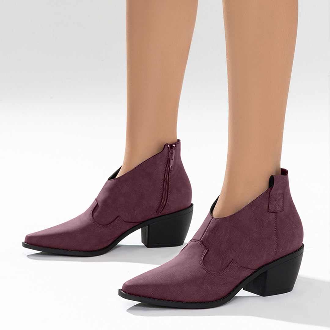 Pointed Toe Western Booties Side Zipper Chunky Heel Ankle Boots