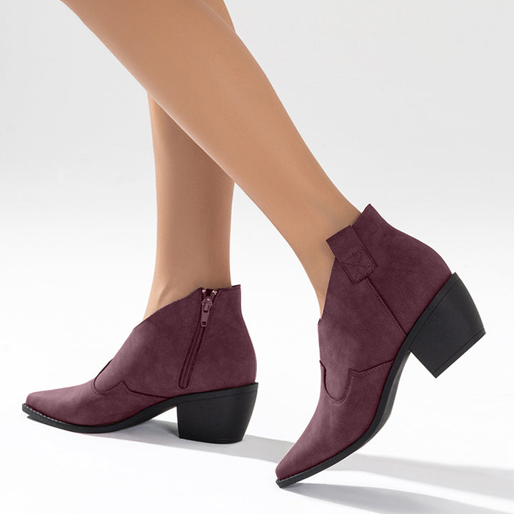 Pointed Toe Western Booties Side Zipper Chunky Heel Ankle Boots
