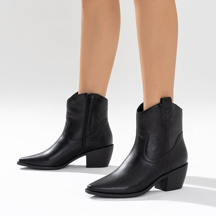 Black Western Cowboy Booties Chunky Stacked Heel Ankle Boots