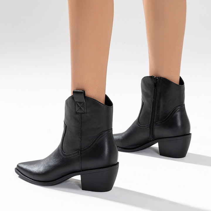 Black Western Cowboy Booties Chunky Stacked Heel Ankle Boots