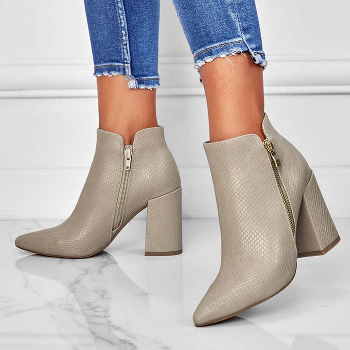 Women Chunky Heel Booties Pointed Toe Side Zip Ankle Boots