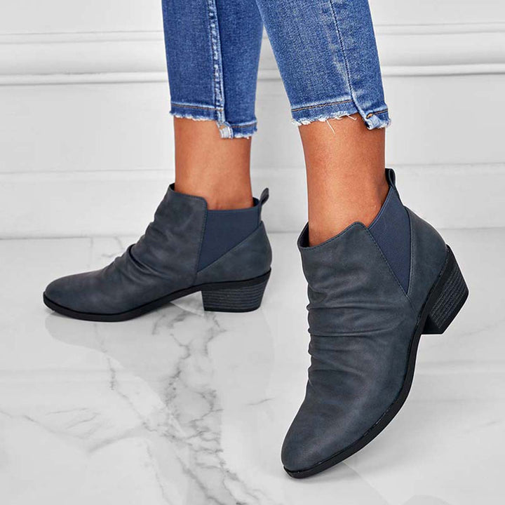 Round Toe Ruched Booties Stacked Block Heel Ankle Boots