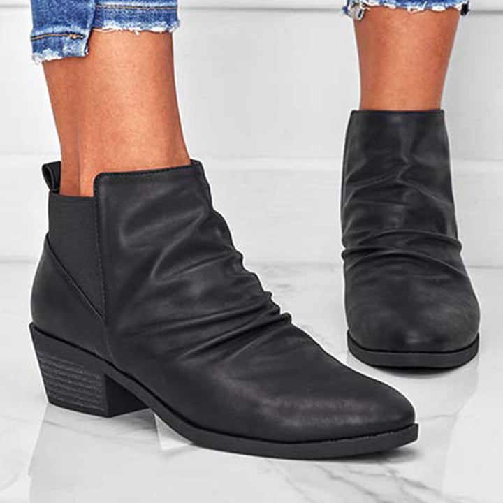 Round Toe Ruched Booties Stacked Block Heel Ankle Boots