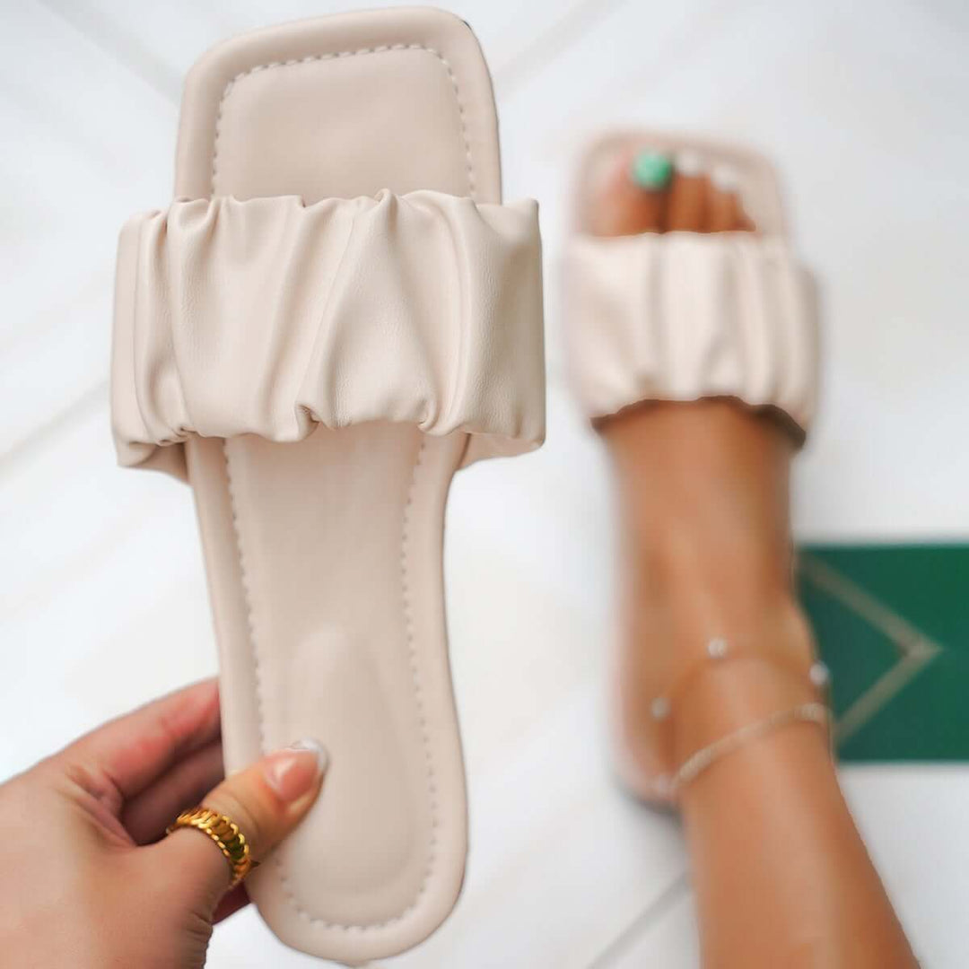 Square Toe Ruched Strap Sandals Flat Slippers