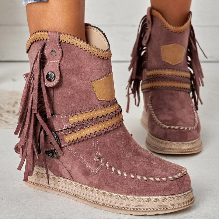 Tassel Cowboy Ankle Boots Stone Washed Wedge Heel Booties