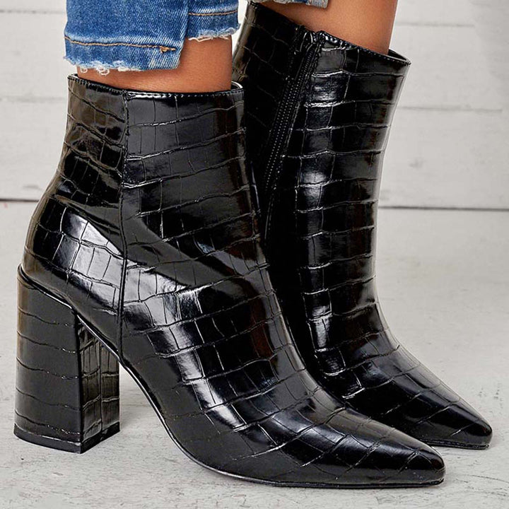 Pointed Toe Ankle Boots Side Zipper Chunky Heel Booties