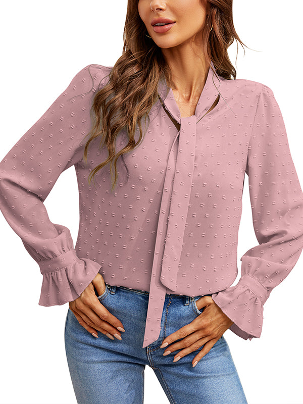 Women Bow Tie Neck Pullover Blouse Ruffle Long Sleeve Work Office Shirt Top