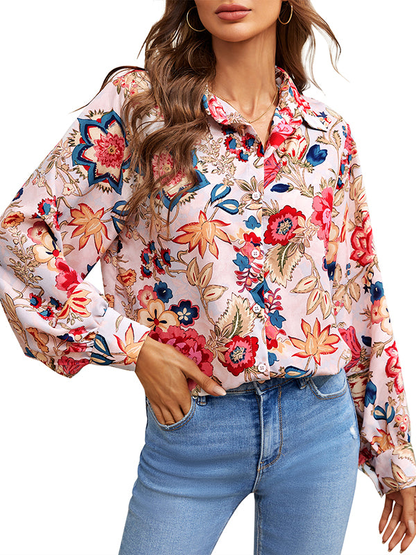 Women Floral Shirt Button Down Blouse Long Sleeve Point Collar Top