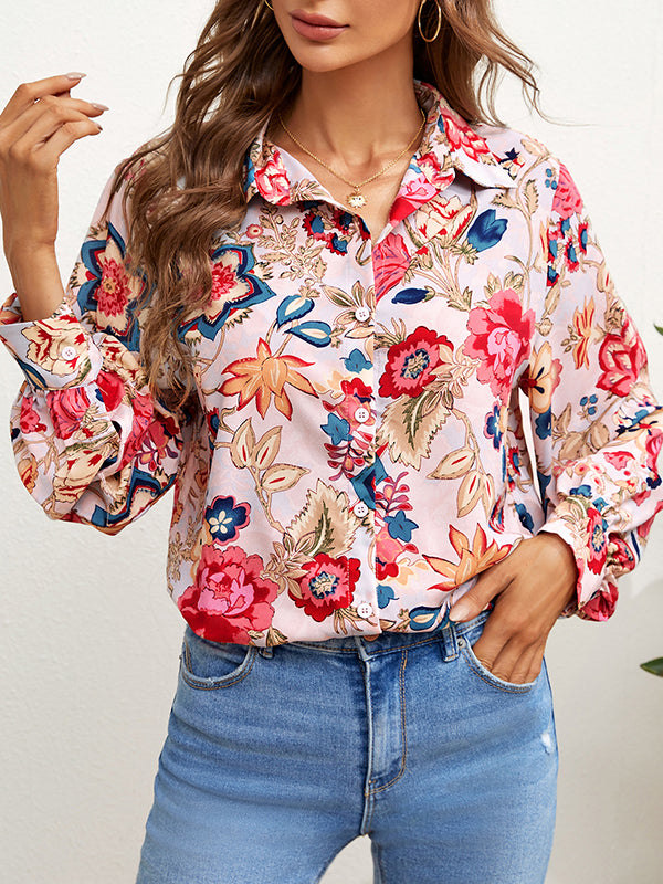 Women Floral Shirt Button Down Blouse Long Sleeve Point Collar Top