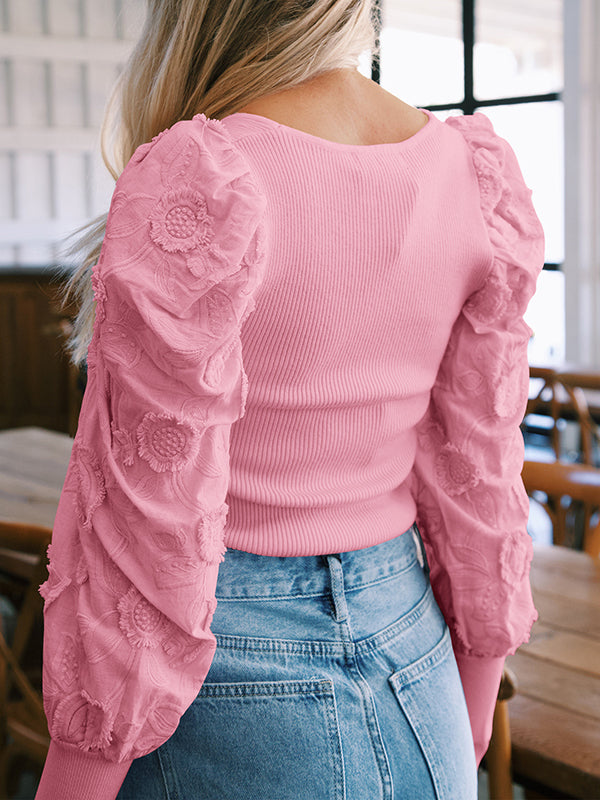 Long Sleeve Square Neck Knit Top Blouse Lantern Sleeve Solid Tee