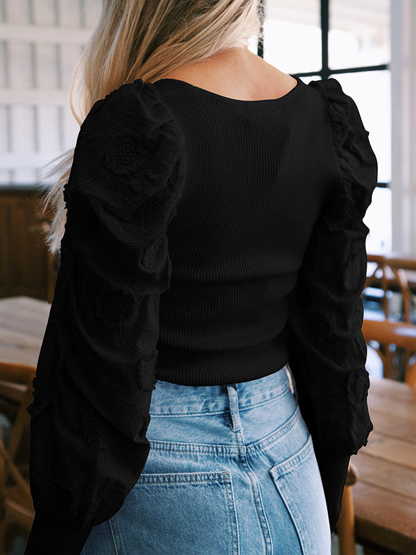Long Sleeve Square Neck Knit Top Blouse Lantern Sleeve Solid Tee