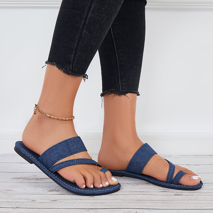 Summer Slippers Toe Ring Wide Flat Sandals Denim Slide Sandals