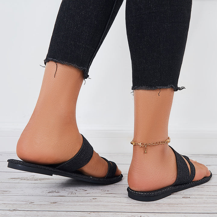 Summer Slippers Toe Ring Wide Flat Sandals Denim Slide Sandals