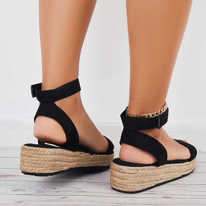 Black Espadrille Platform Wedges Ankle Strap Sandals
