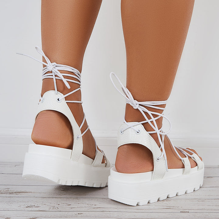 Summer Lace Up Strappy Sandals Open Toe Chunky Sole Sandals