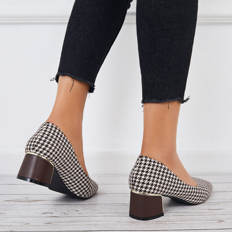 Plaid Chunky Block Low Heel Pumps Square Toe Office Shoes
