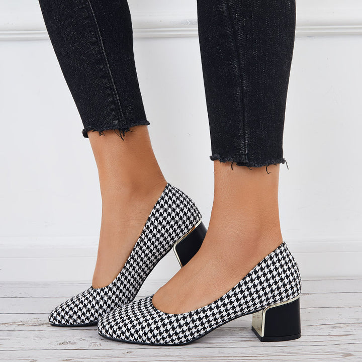 Plaid Chunky Block Low Heel Pumps Square Toe Office Shoes
