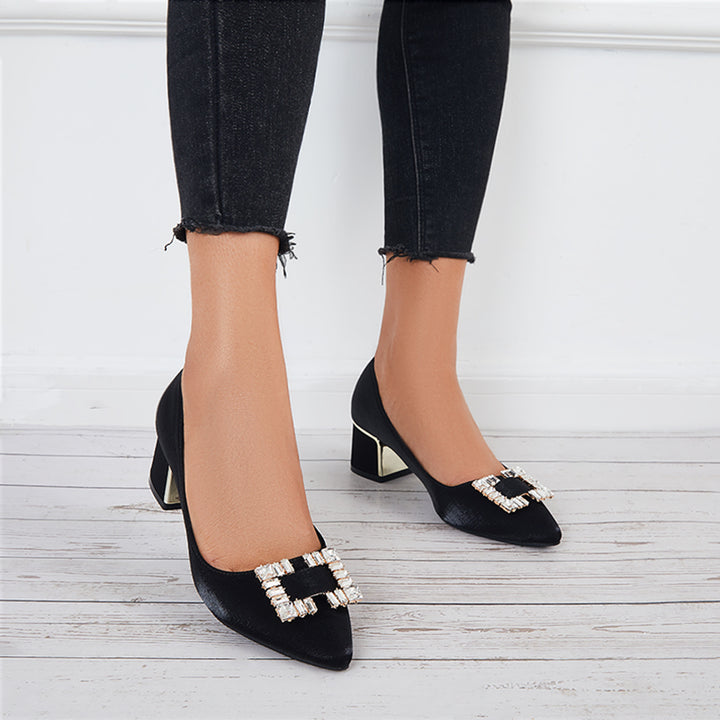Buckle Block Low Heel Pumps Pointed Toe Solid Color Office Shoes