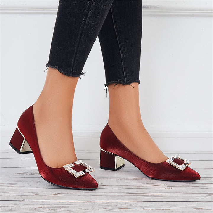 Buckle Block Low Heel Pumps Pointed Toe Solid Color Office Shoes