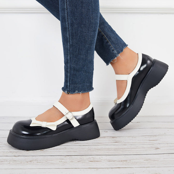 Bowknot Mary Jane Loafers Round Toe Platform Uniform Dress Shoes
