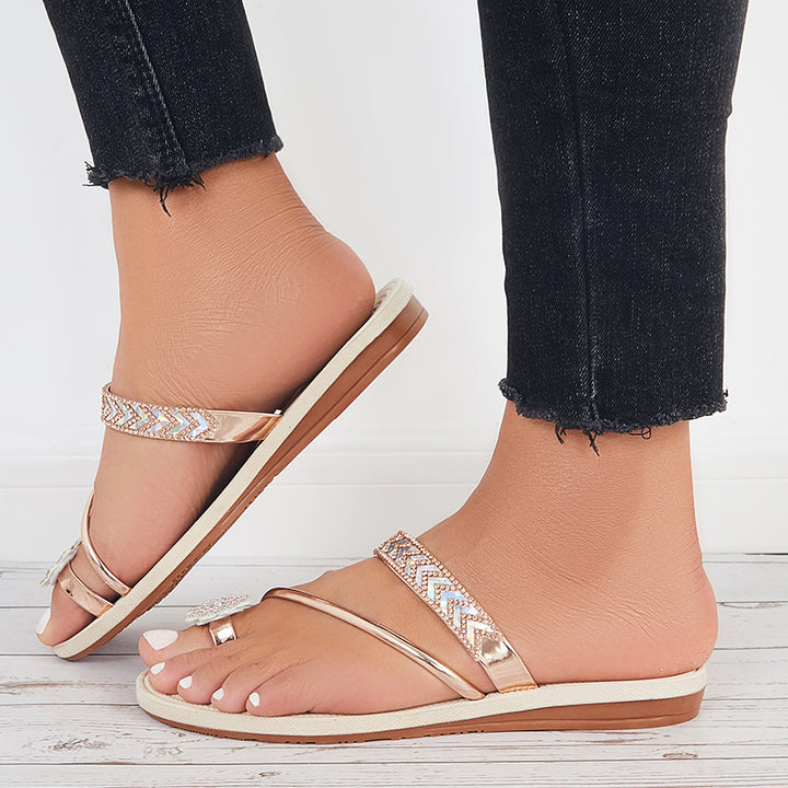 Rhinestone Toe Ring Flat Slippers Clip Toe Flip Flops Sandals