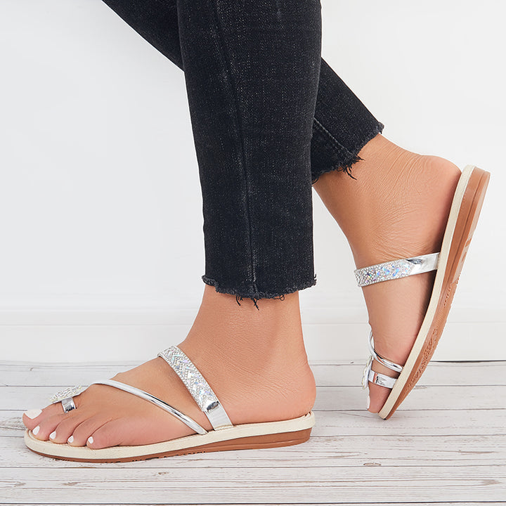 Rhinestone Toe Ring Flat Slippers Clip Toe Flip Flops Sandals