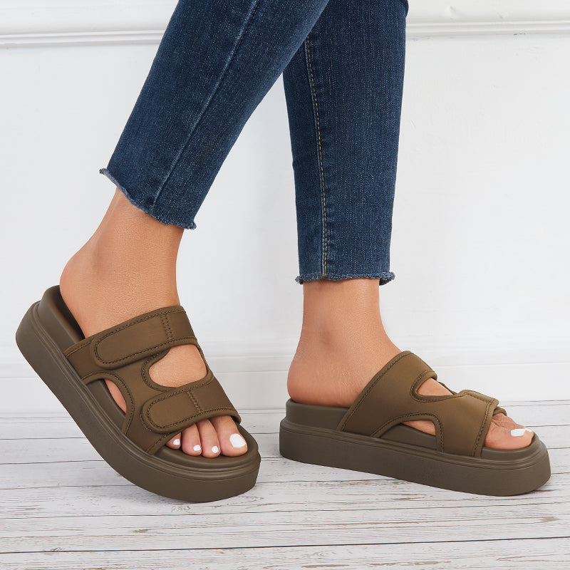 Platform Slide Sandals Velcro Straps Thick Sole Slippers